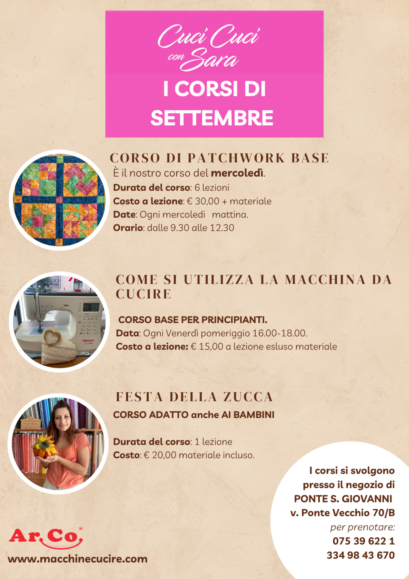 Corsi di cucito a Perugia, locandina dei corsi di CuciCuci (ArCo) per il mese di settembre 2023